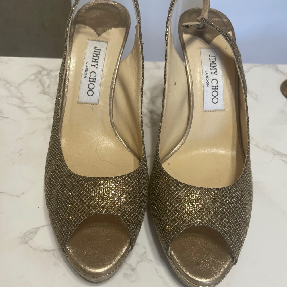 Jimmy Choo Bronze Gold Peep Toe platform pump